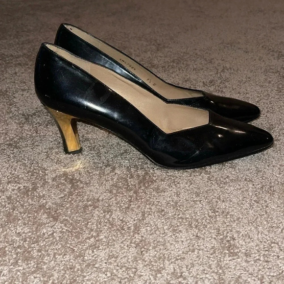 Stuart Weitzman hexagon gold block heel black leather vintage size 10 - Picture 1 of 12
